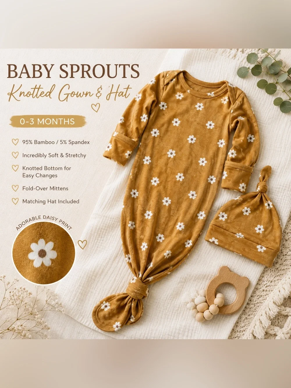 Mustard Daisy Knotted Gown & Hat - Newborn Sleep Set